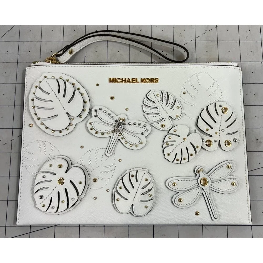 Michael Kors Jet Set Dragonfly White Wristlet Clutch NWOT Leather - Picture 6 of 6